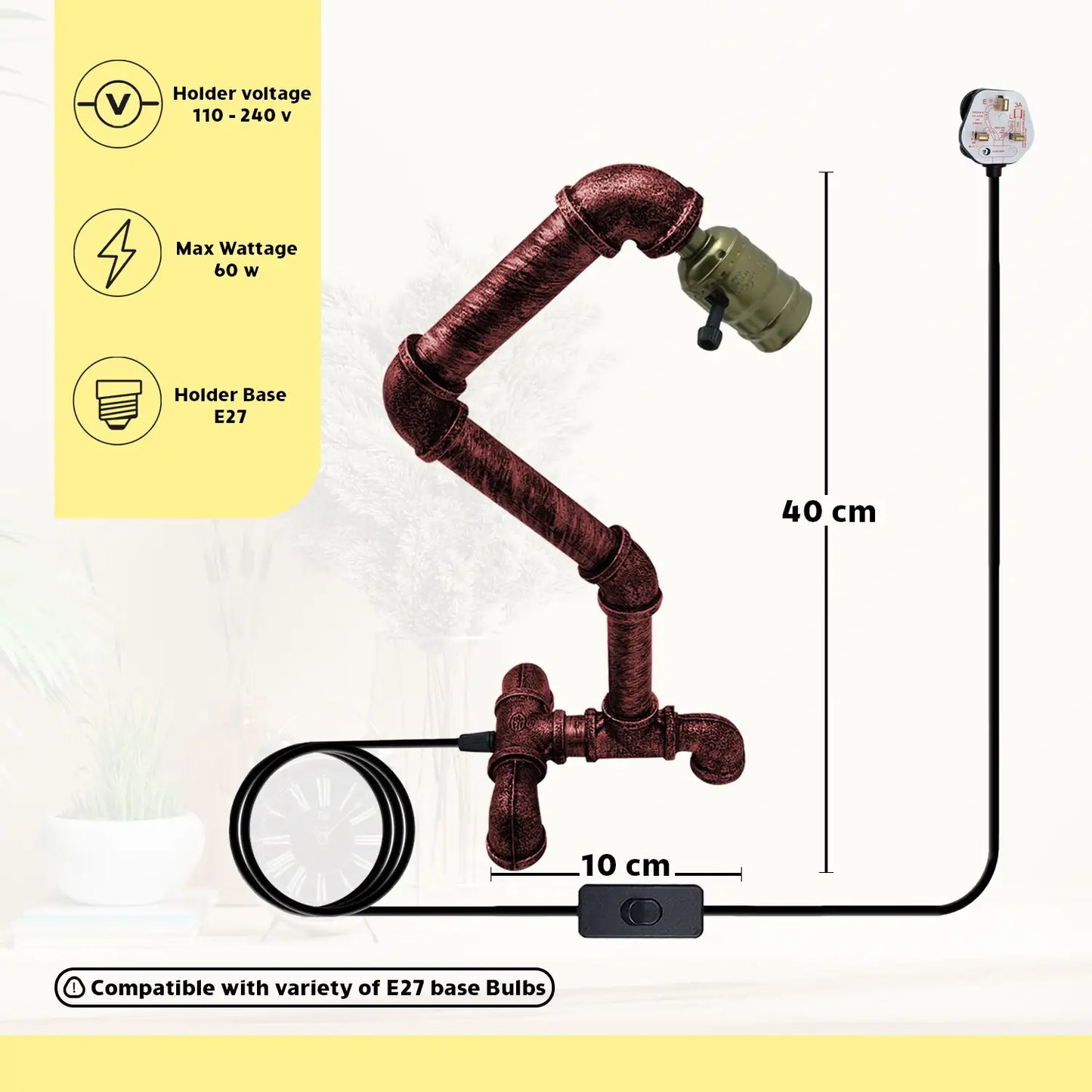 Rustic Red Retro Industrial Steampunk Pipe Table Lamp E27~3378